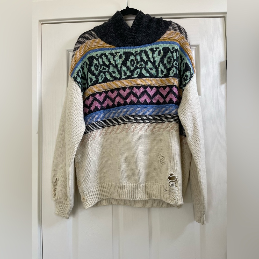 NWT Women’s WildFox Distressed Wool/Alpaca Blend Knit Sweater Hoodie Size S